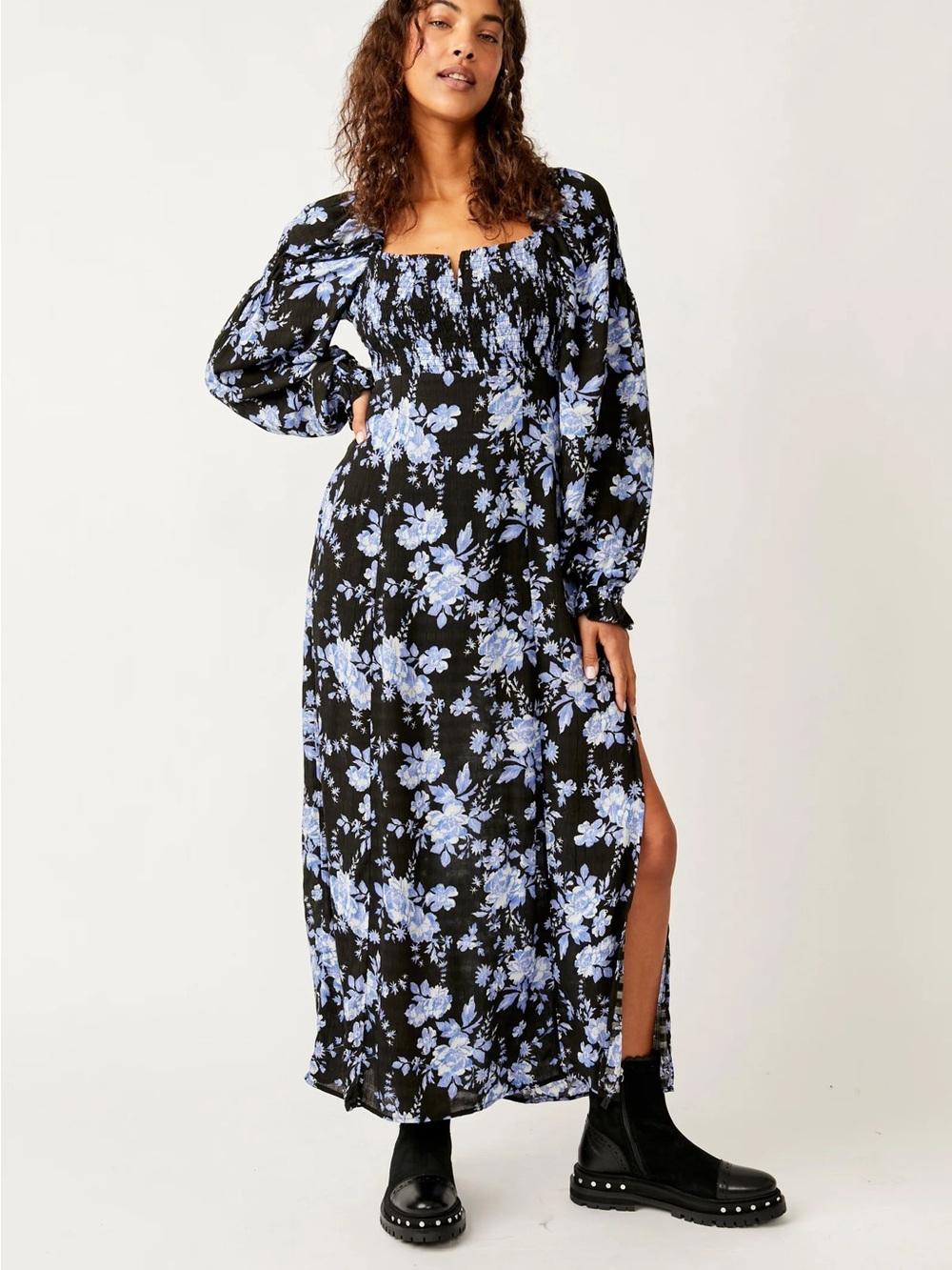 Free People Jaymes Black Maxi Dress with Light Blue Floral Print - size XL
